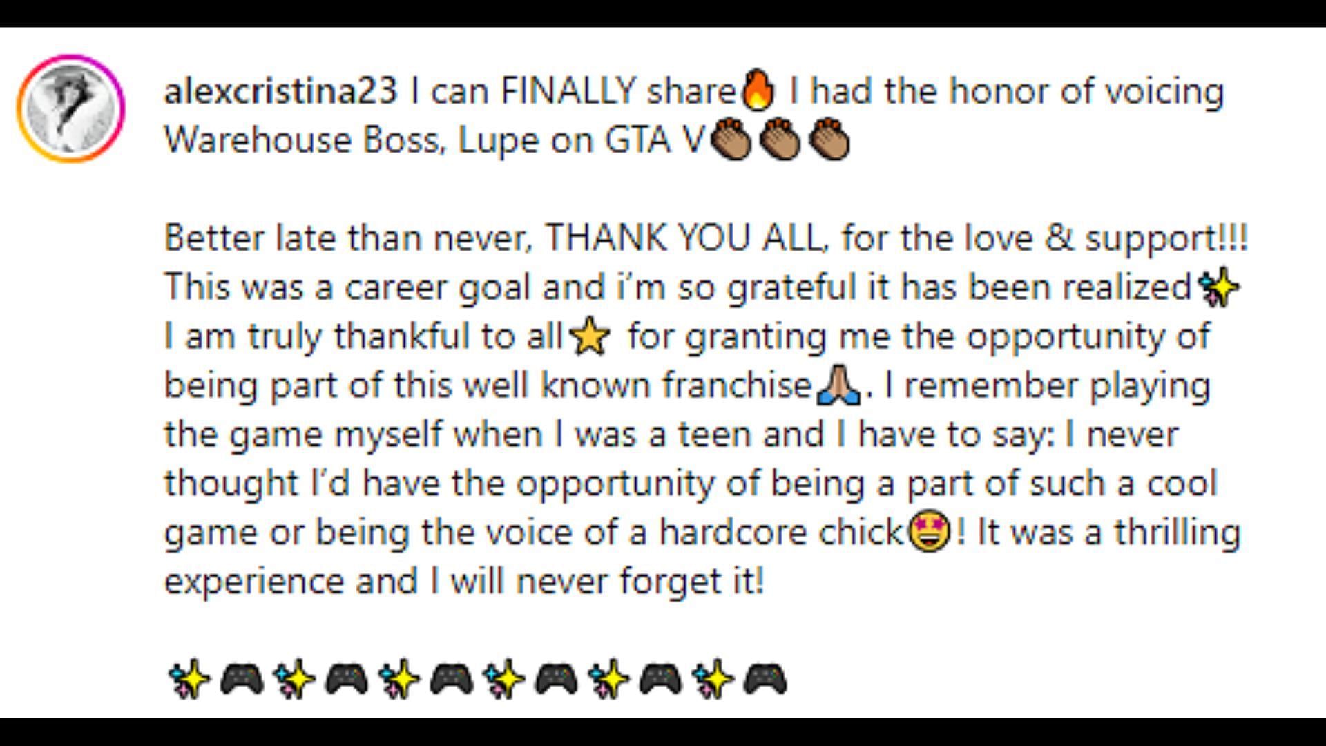 Alexandra Echavarri revealing her participation in Grand Theft Auto 5 (Image via Instagram)