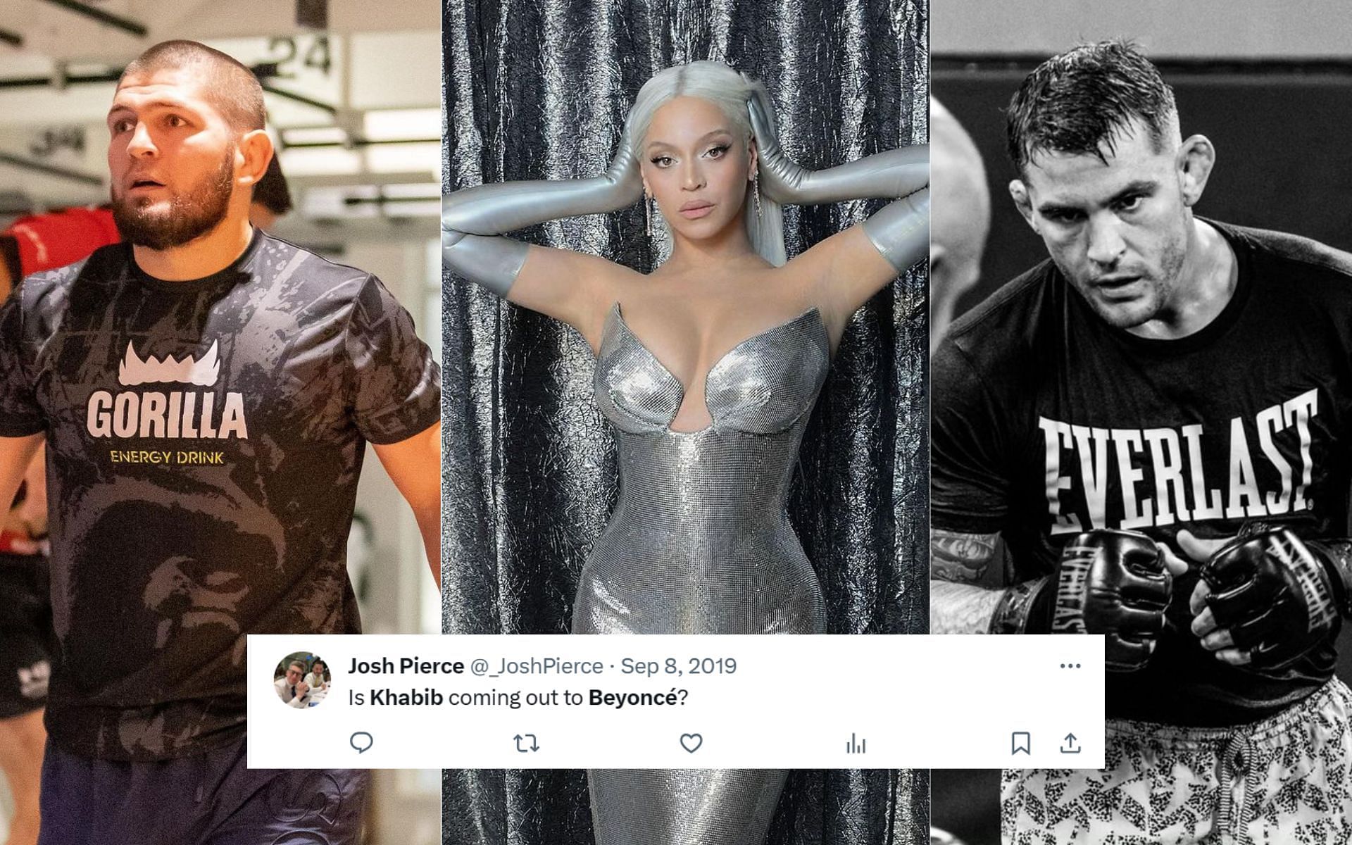 Khabib Nurmagomedov (left), Beyonce (center), and Dustin Poirier (right) (Image credits @khabib_nurmagomedov, @beyonce, and @dustinpoirier on Instagram)