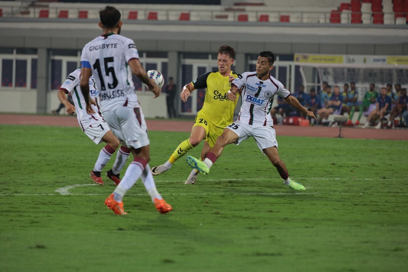 Hyderabad FC&#039;s Joe Knowles in action against Mohun Bagan this season. (HYD)