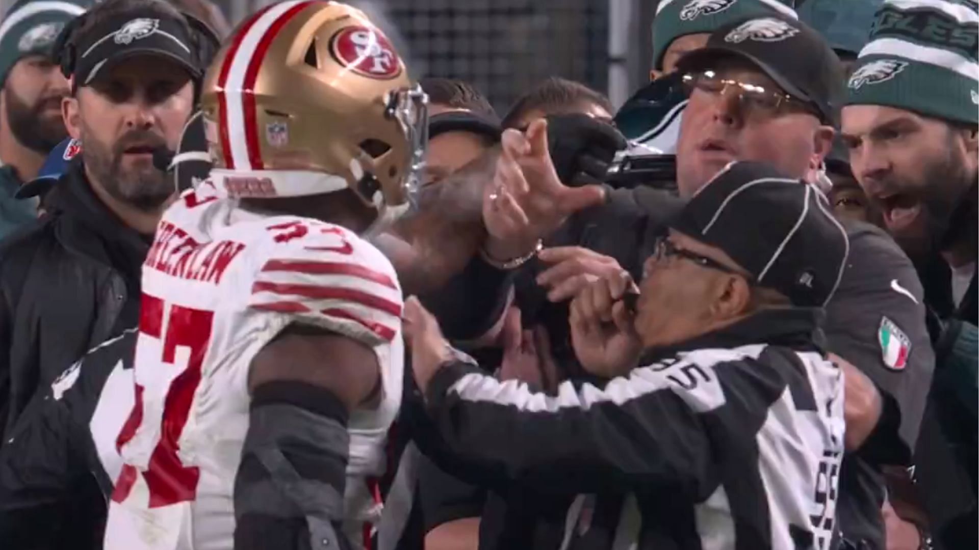 Dre Greenlaw had an altercation with Eagles security staffer Dom DiSandro. (Image credit: Fox Sports NFL)