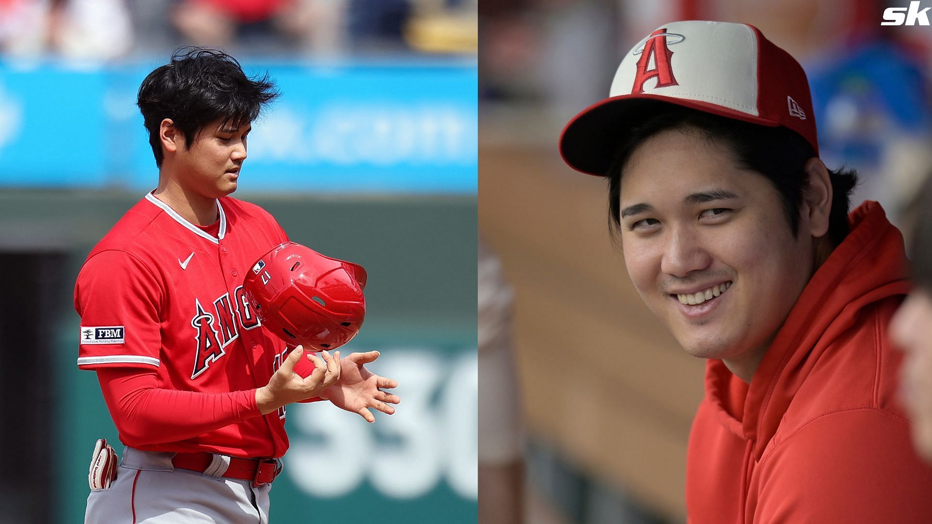Shohei Ohtani of the Los Angeles Angels looks on during the fifth inning against the Philadelphia Phillies at Citizens Bank Park