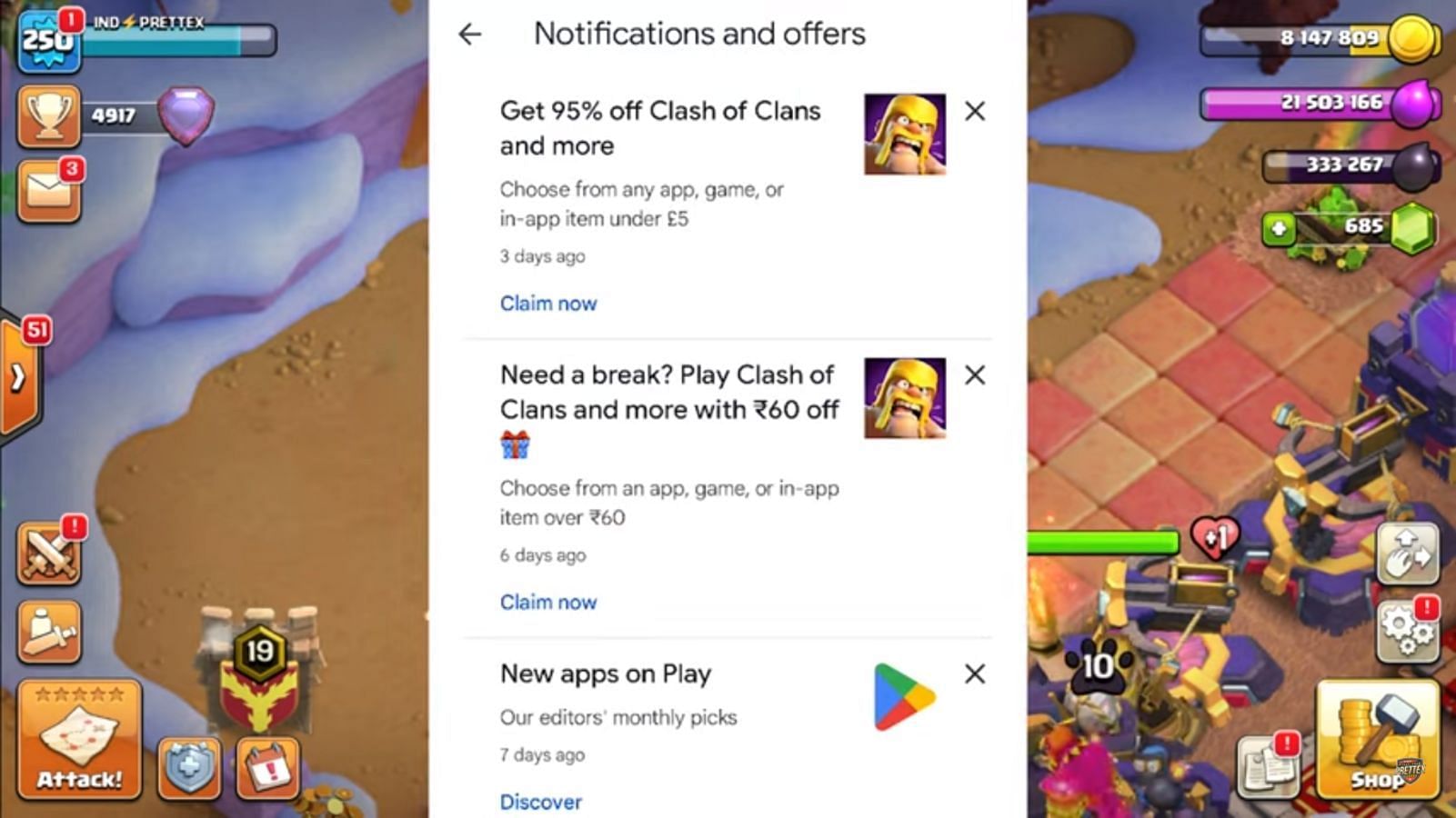 Clash of Clans 95% discount offer (Image via Prettex Gaming/YouTube || Supercell)