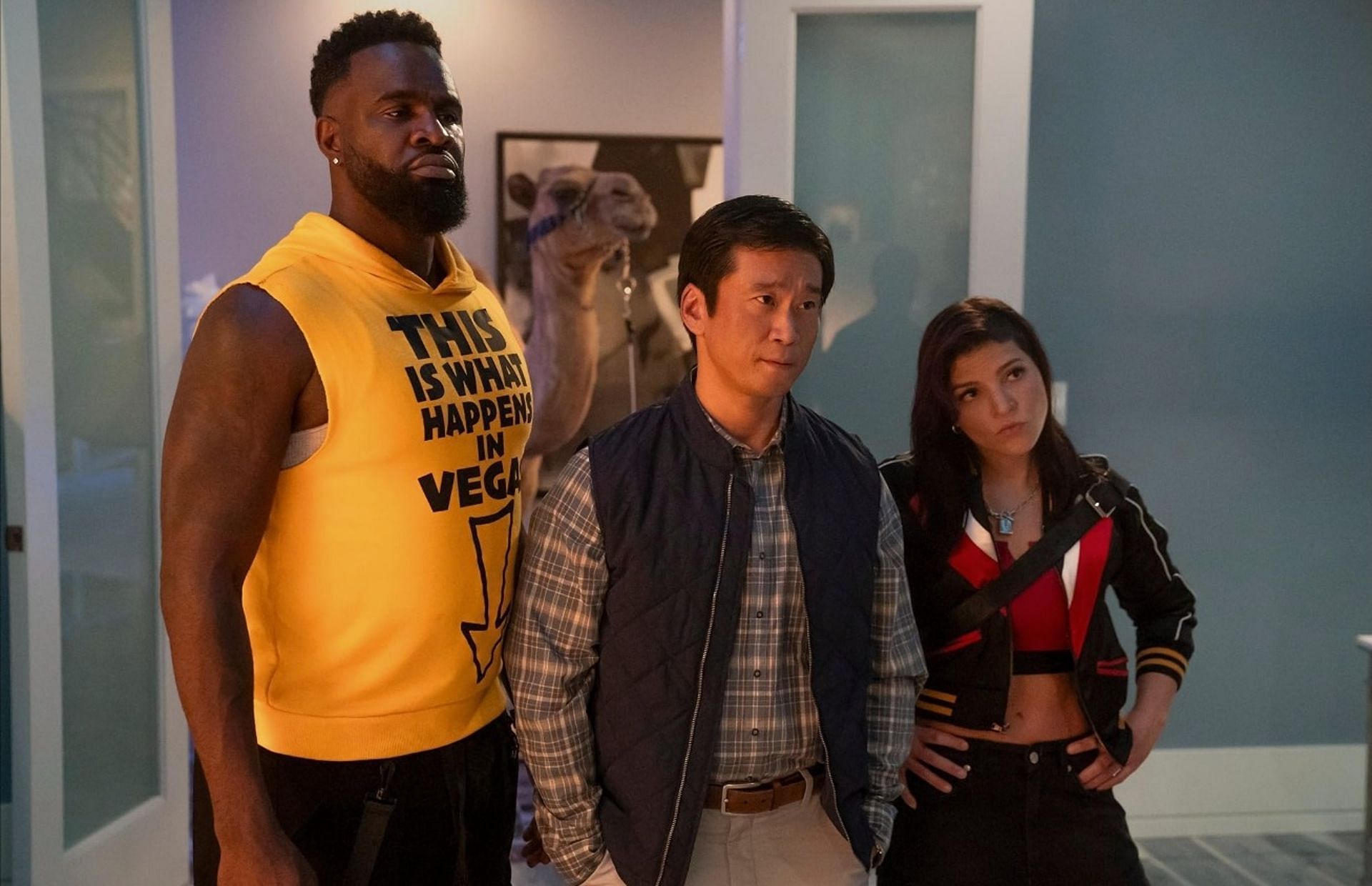 Eugene Kim, Terrence Terrell, and Paola L&aacute;zaro in a scene from Obliterated (Image via IMDb)