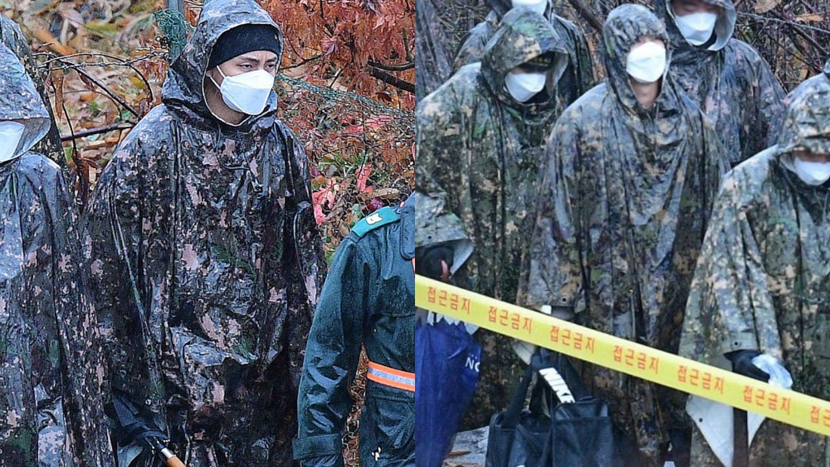 Kim Taehyung and Kim Namjoon of BTS at the military training center. (Images via X/@SherlyAssyfa &amp;  @Bts_ot7_sk)