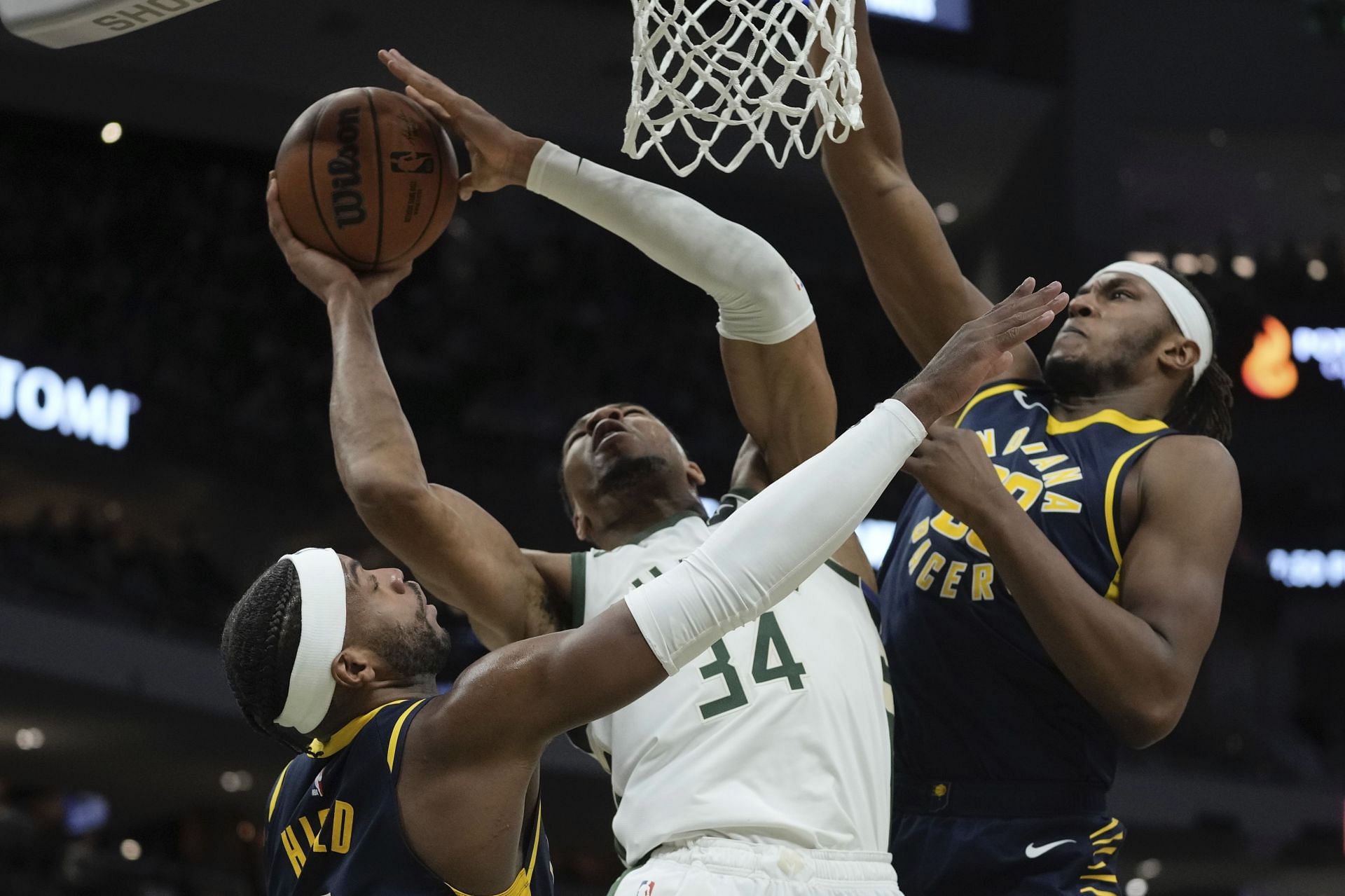 Giannis Antetokounmpo of the Milwaukee Bucks against the Indiana Pacers