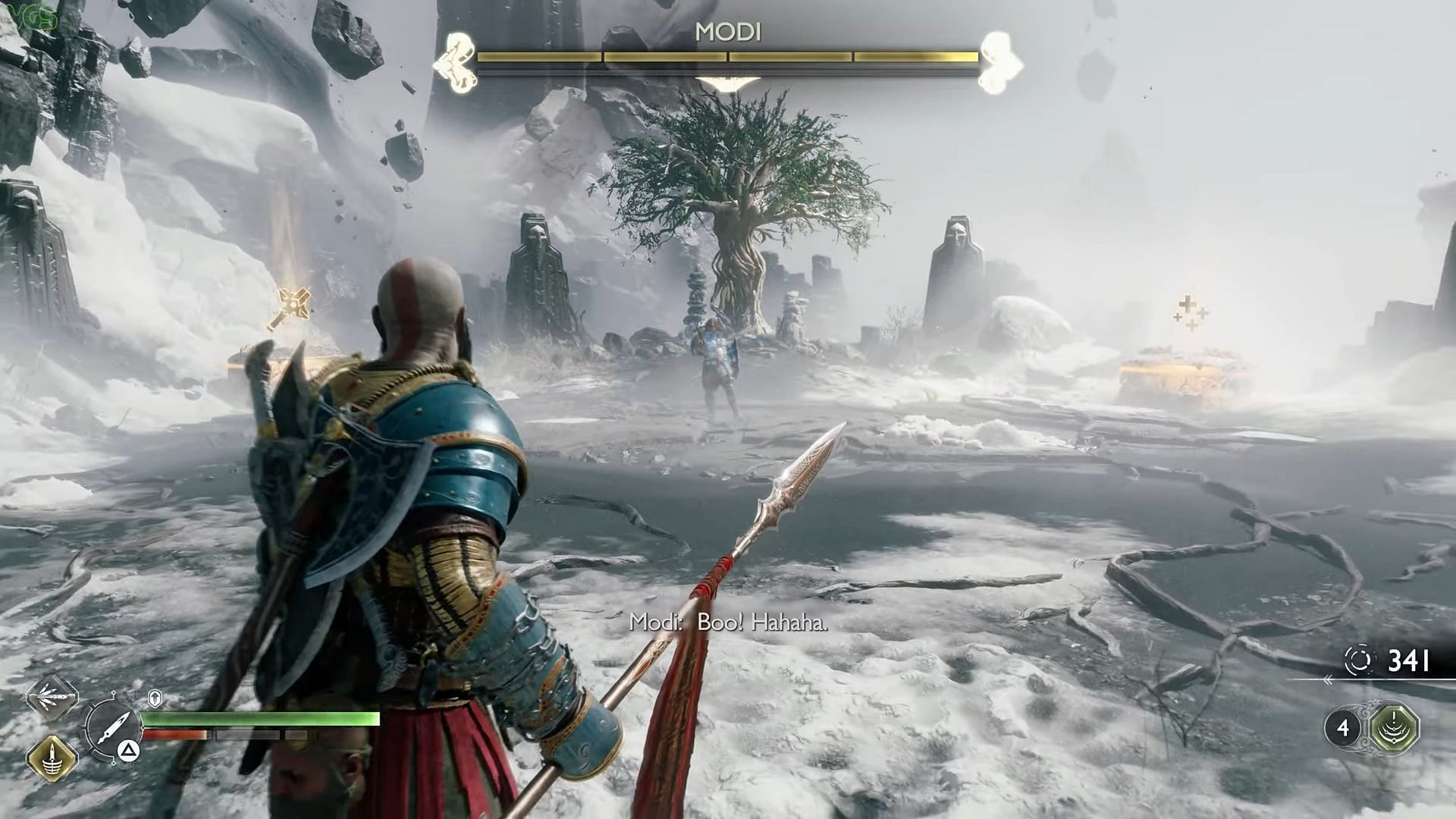 Facing off against Modi in God of War Ragnarok Valhalla (Image via YouTube/VGS || Sony Interactive Entertainment)