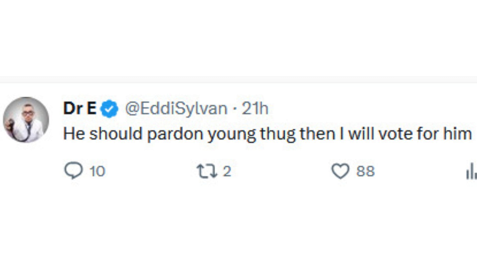 Netizens react as the current US President issued Federal Pardons to marijuana users nationwide (Image via X / @EddiSylvan)