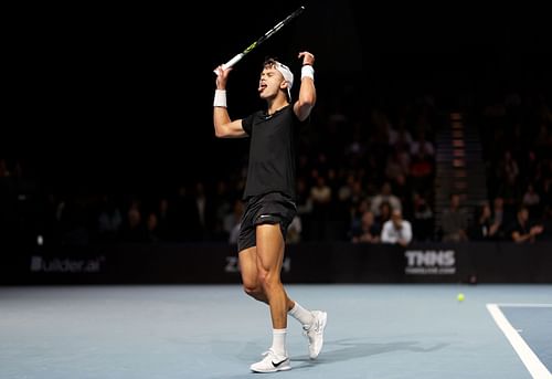 Holger Rune in action at the Ultimate Tennis Showdown in London