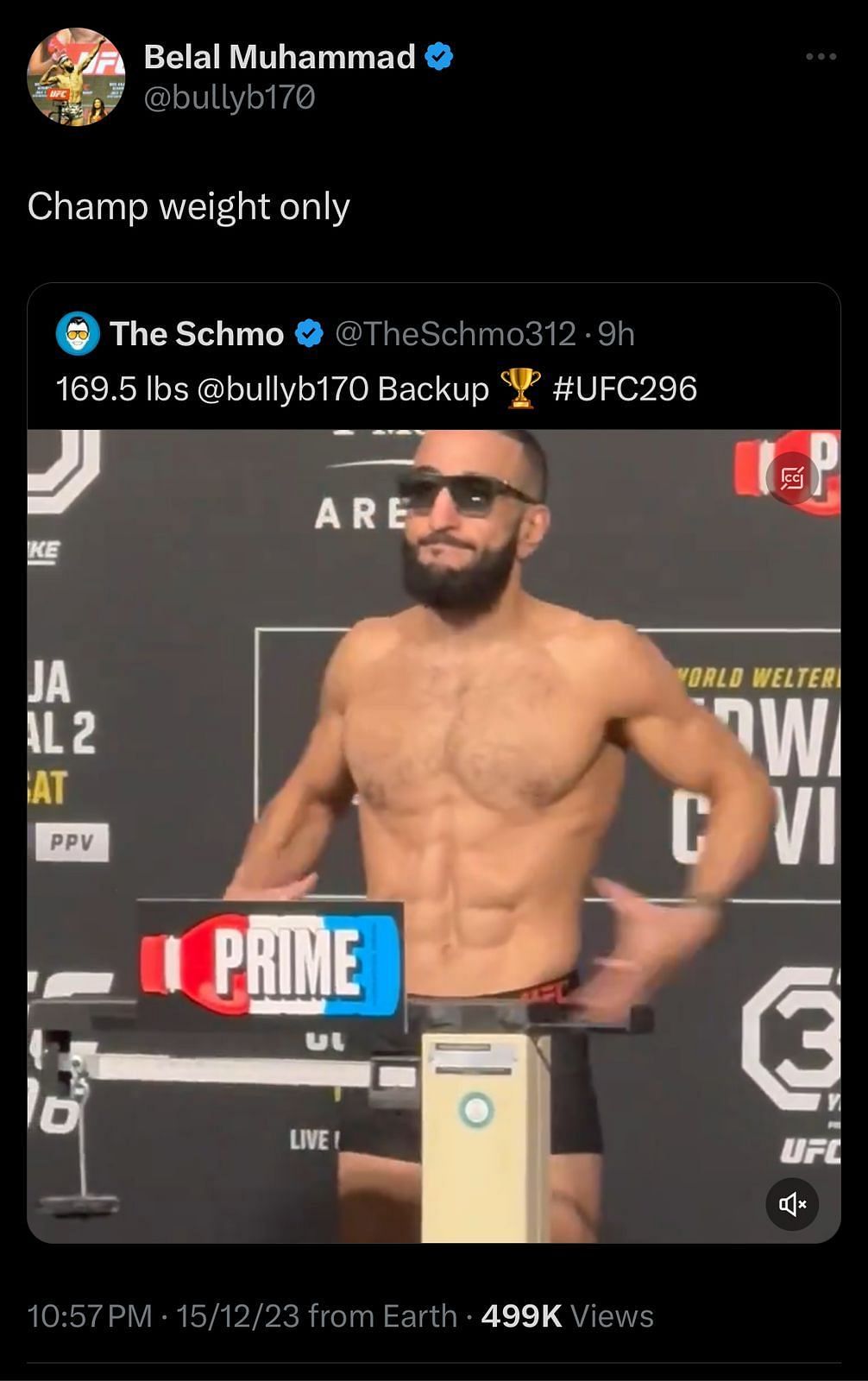 Belal Muhammad&#039;s Tweet regarding UFC 296 weigh-ins