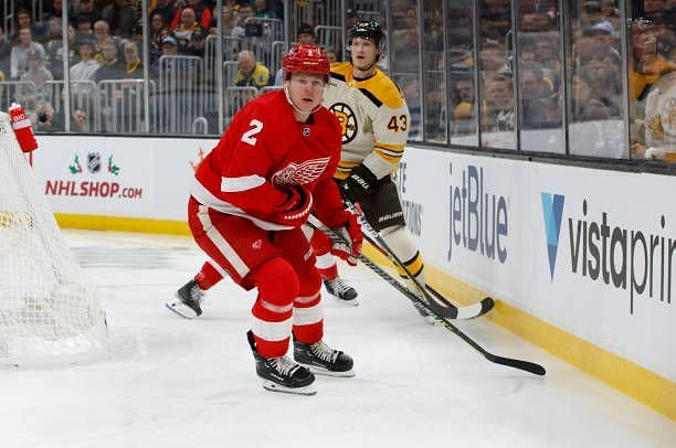 Olli Maatta of the Detroit Red Wings skates against the Boston Bruins during the first period at the TD Garden on November 24, 2023 in Boston,...