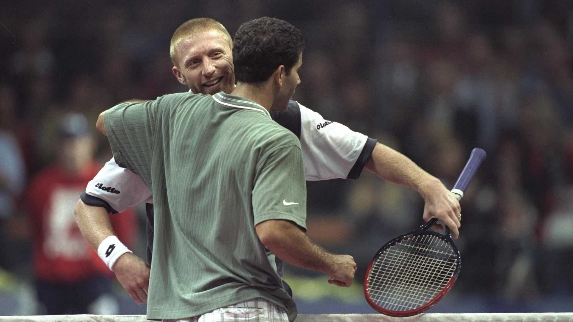 Boris Becker and Pete Sampras greet each other after their 1996 ATP Finals match