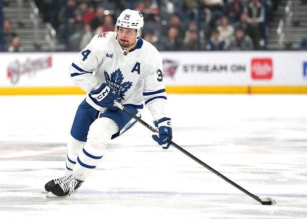 Auston Matthews of the Toronto Maple Leafs skates with the puck during the third period against the Columbus Blue Jackets at Nationwide Arena on...