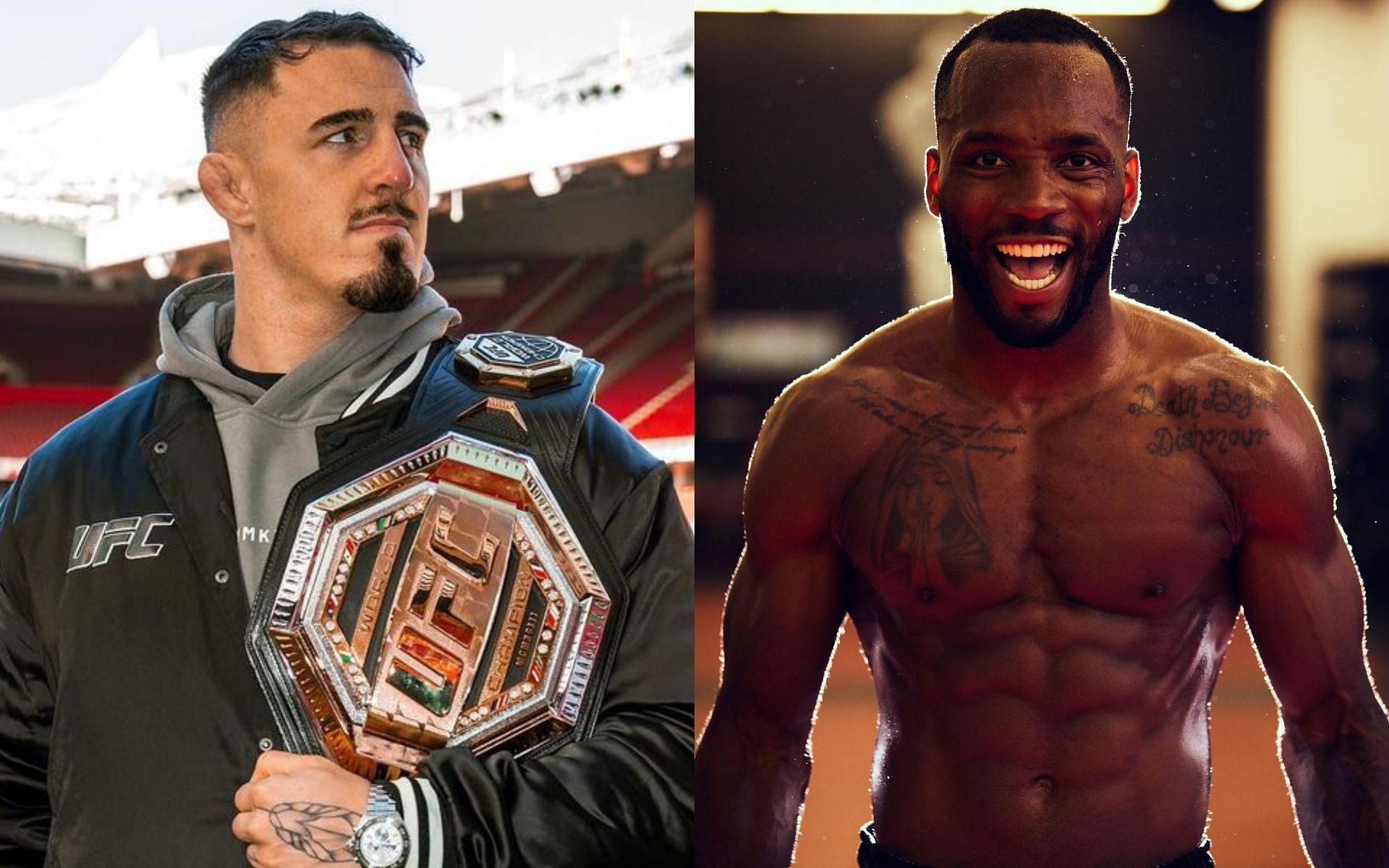 Tom Aspinall (left) sends heat felt message to Leon Edwards (right) ahead of UFC 296 [Image courtesy @tomaspinallofficial @leonedwardsmma on Instagram]