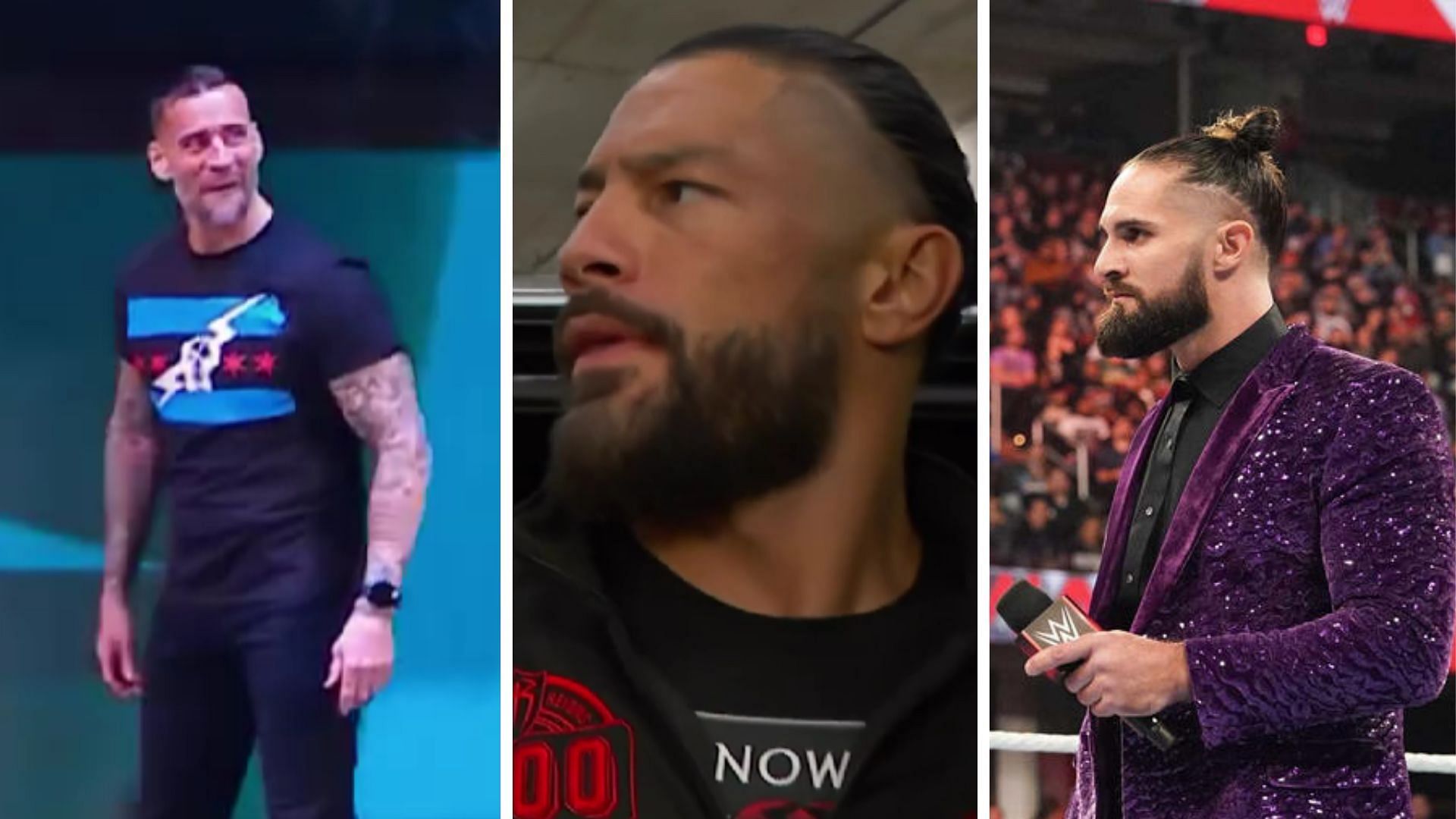CM Punk on the left, Roman Reigns in the middle, Seth Rollins on the right