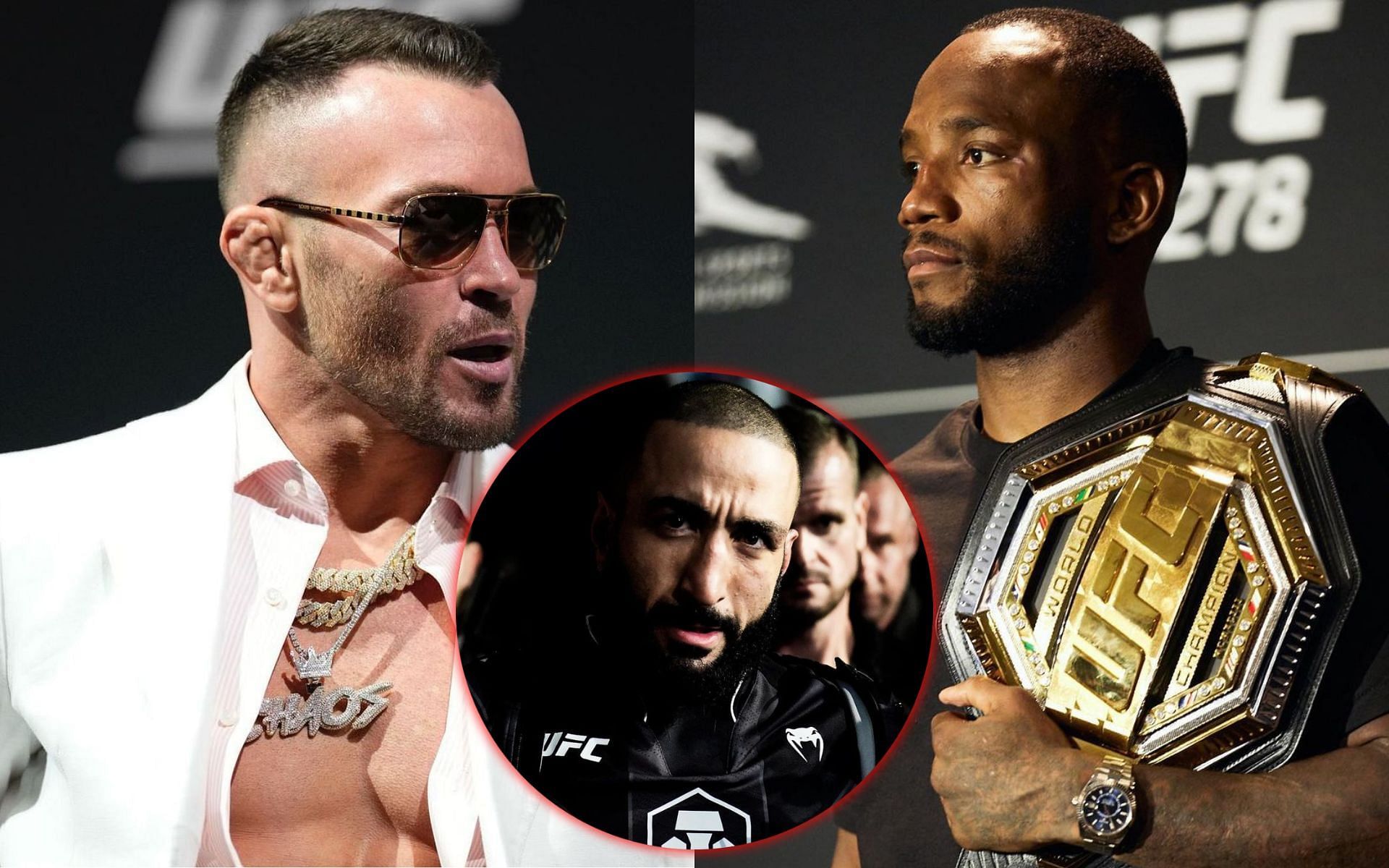 Belal Muhammad (Inset) criticizes Colby Covington (Left) for comments on Leon Edwards (Right) [Images via: @colbycovington, @leonedwardsmma, and @bullyb170 on Instagram]