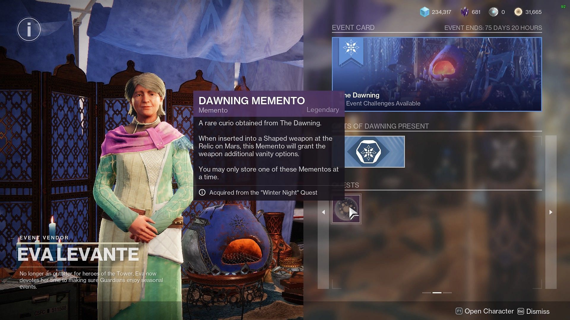 Dawning 2023 Memento in Eva&#039;s inventory (Image via Bungie)