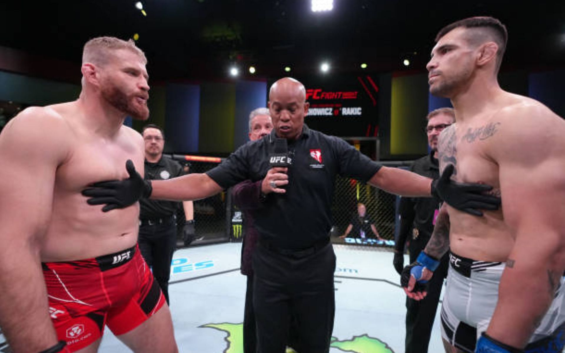 Jan Blachowicz (left) and Aleksandar Rakic (right) [image courtesy of Jeff Bottari/Zuffa LLC via Getty Images]