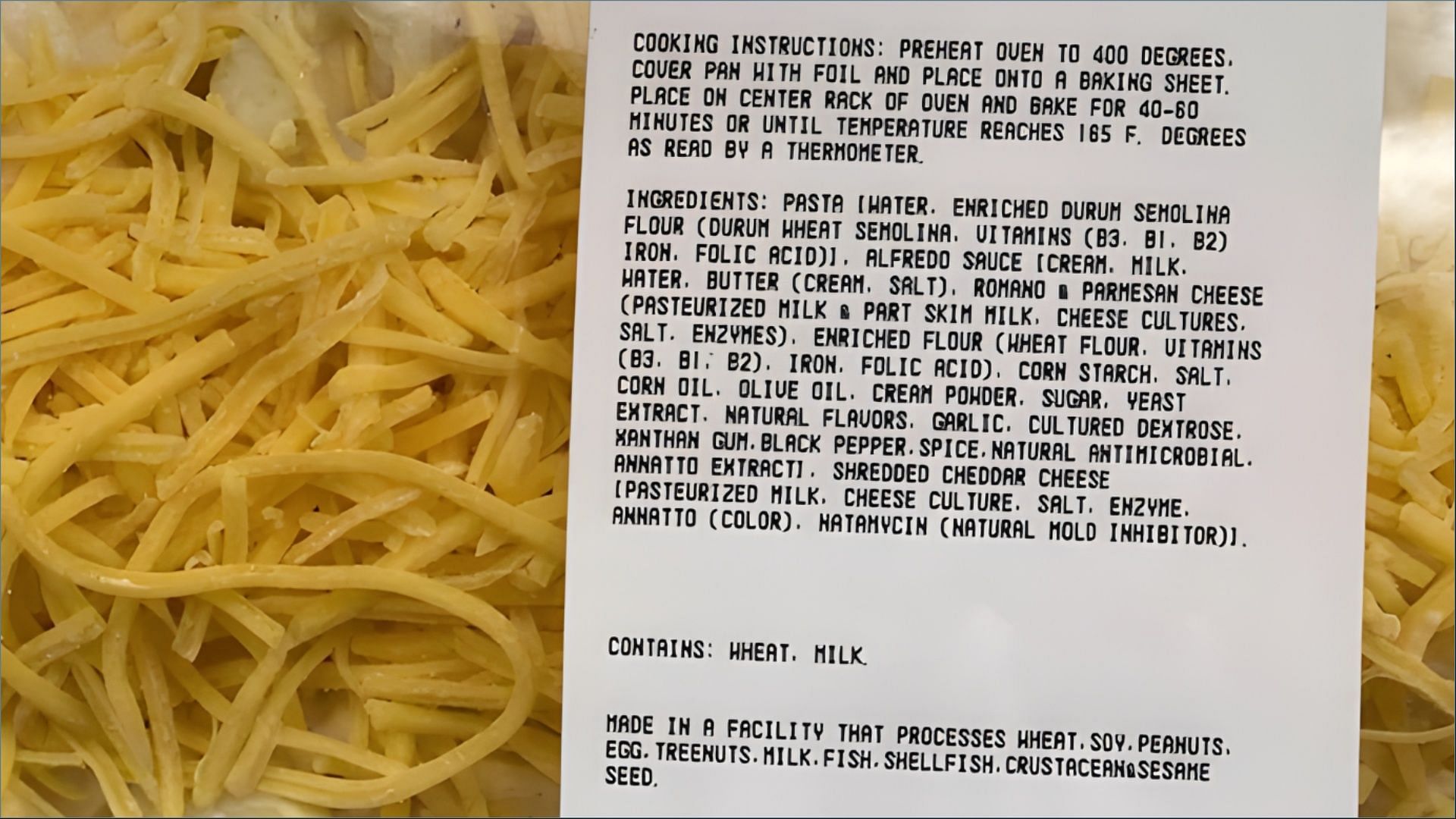 The list of ingredients mentioned on Costco&#039;s Kirkland Signature Mac and Cheese container (Image via @perrito-incognito / Reddit)