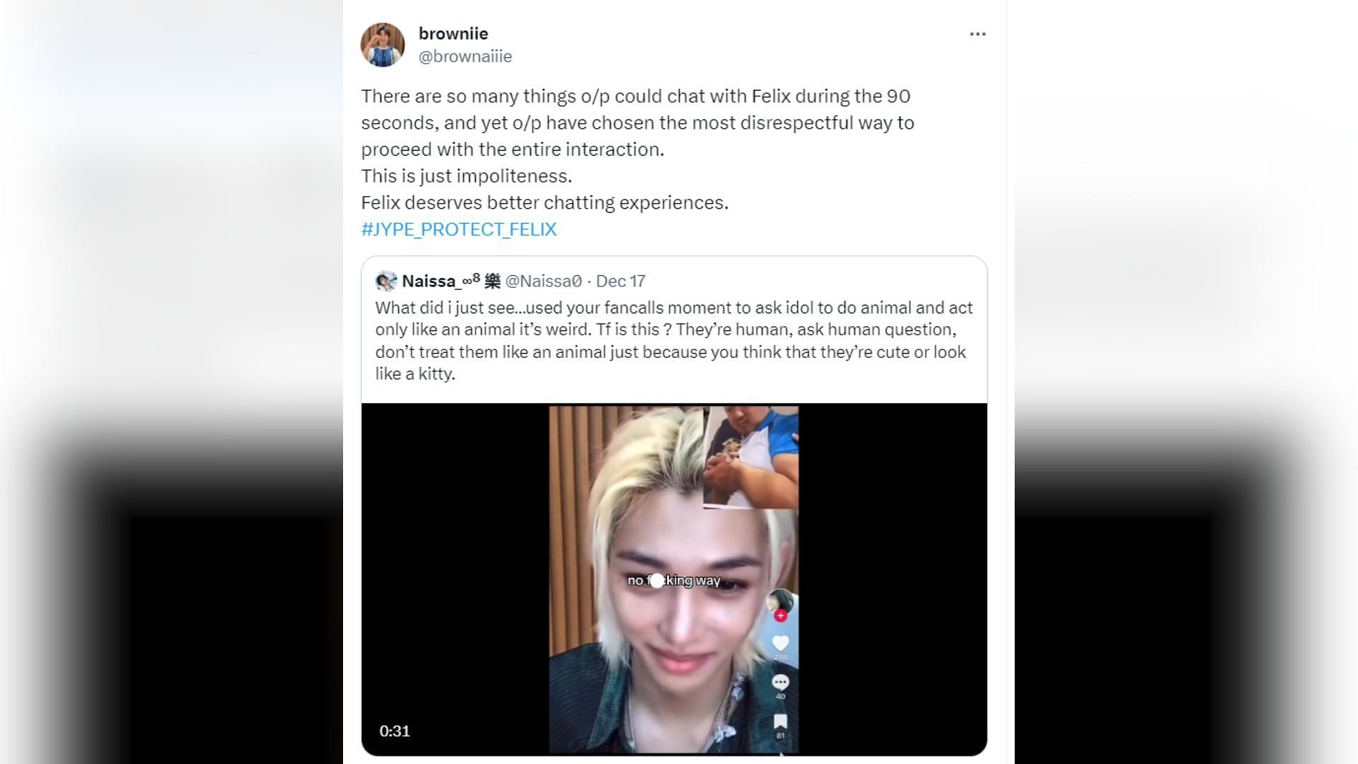 Fan reaction to Felix&#039;s video fancall (Screenshot via X)