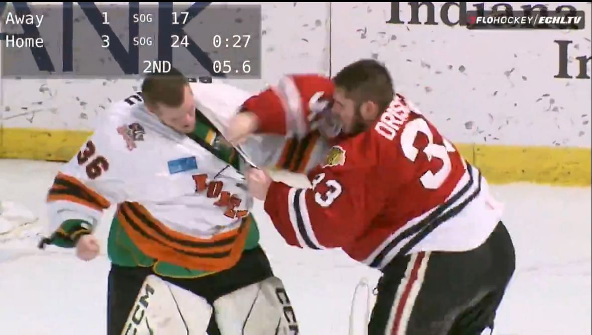 Goalie fight ensues in ECHL as Brett Bochu and Zach Discroll throw knuckles