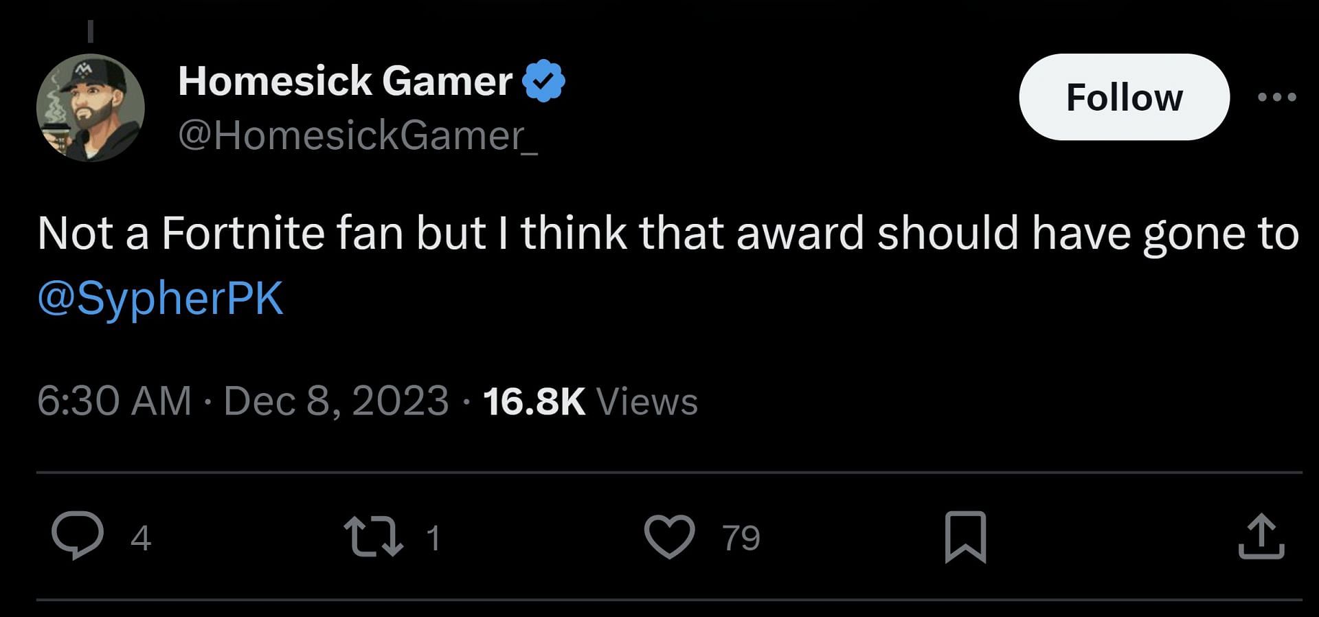 X user @HomesickGamer_&#039;s comment (Image via @thegameawards/X)