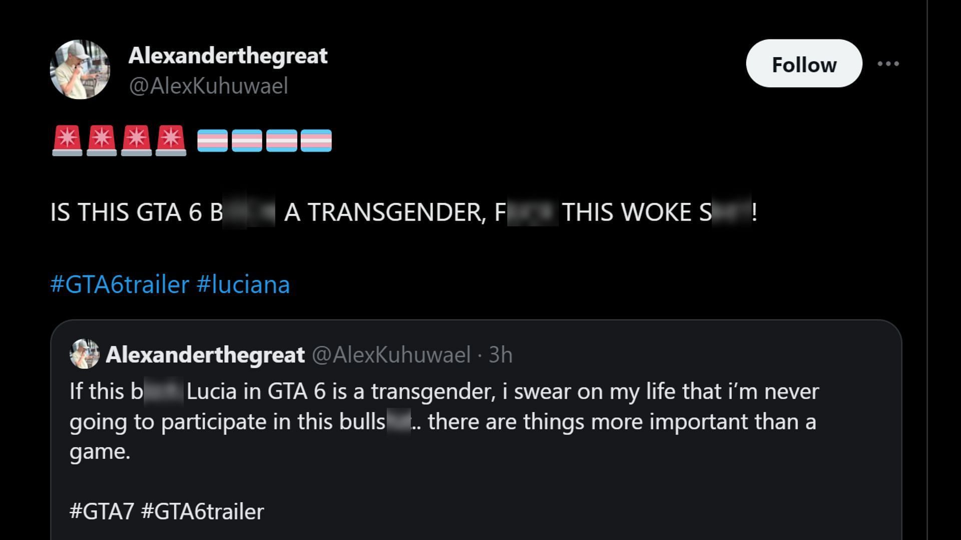 The user wants to know if Lucia in GTA 6 is transgender (Image via X/@AlexKuhuwael)