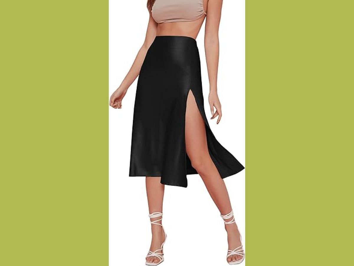 The Verdusa Boho satin black midi skirt (Image via Amazon)