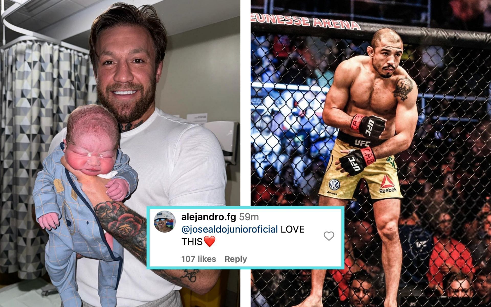 Jose Aldo (right) congratulating Conor McGregor on his newborn baby (left) [Photo Courtesy @thenotoriousmma on Instagram and @yt_skylo1 on X]