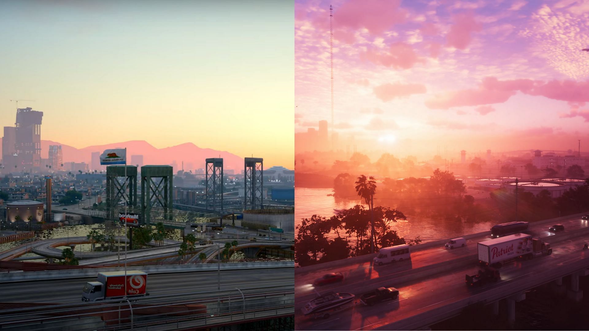 Comparison between the modded Grand Theft Auto 6 trailer and the original one (1/5) (Images via YouTube/@RavenwestR1, Rockstar Games)