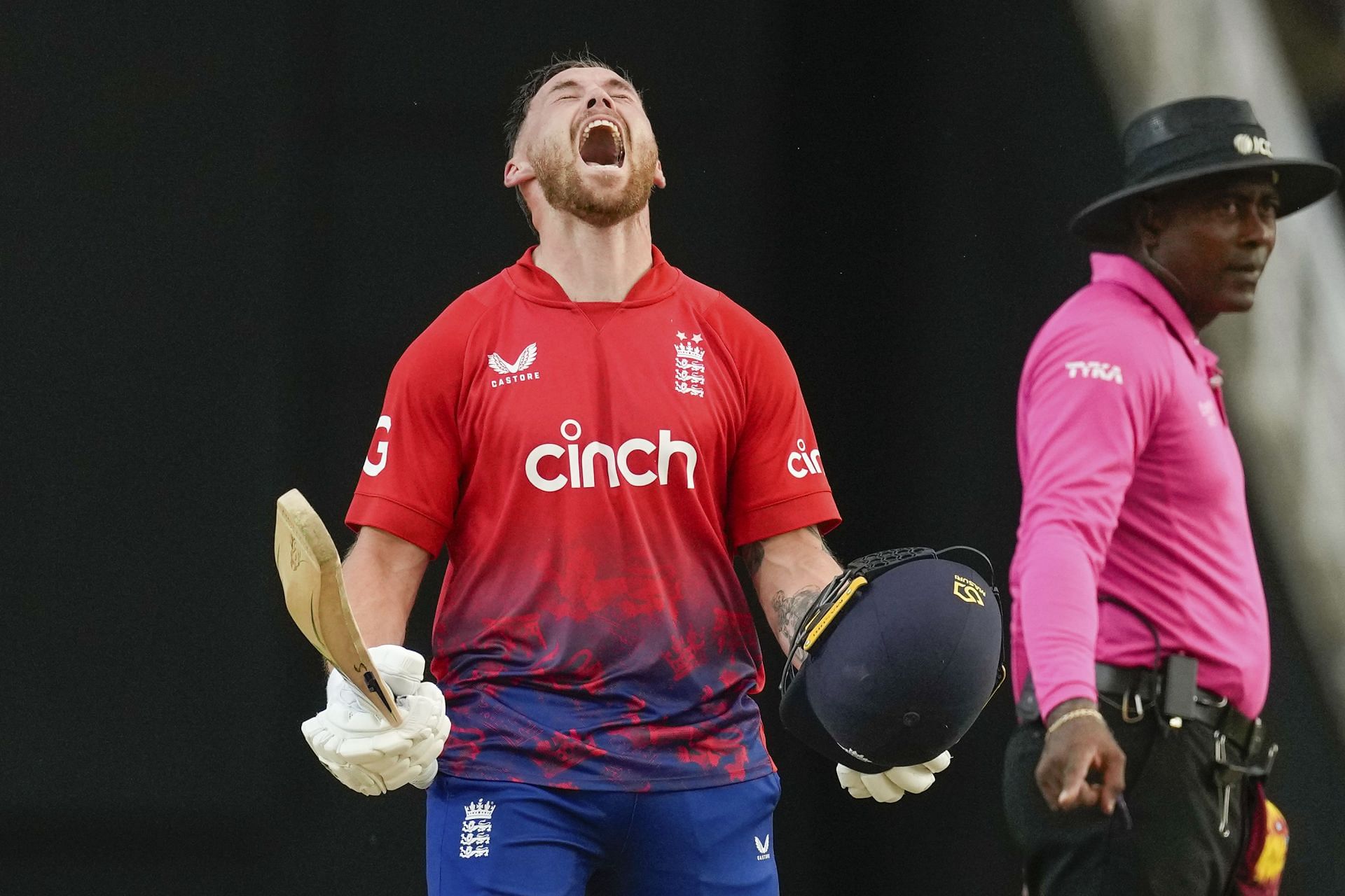 Phil Salt roars after scoring a ton against West Indies. (Pic: AP)
