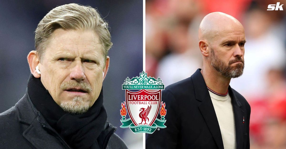 Former Manchester United goalkeeper Peter Schmeichel (left) and current manager Erik ten Hag