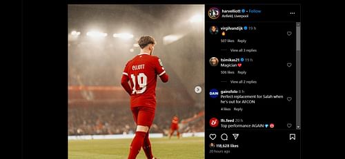 Screenshot of Tsimkas' message on Elliott's Instagram post