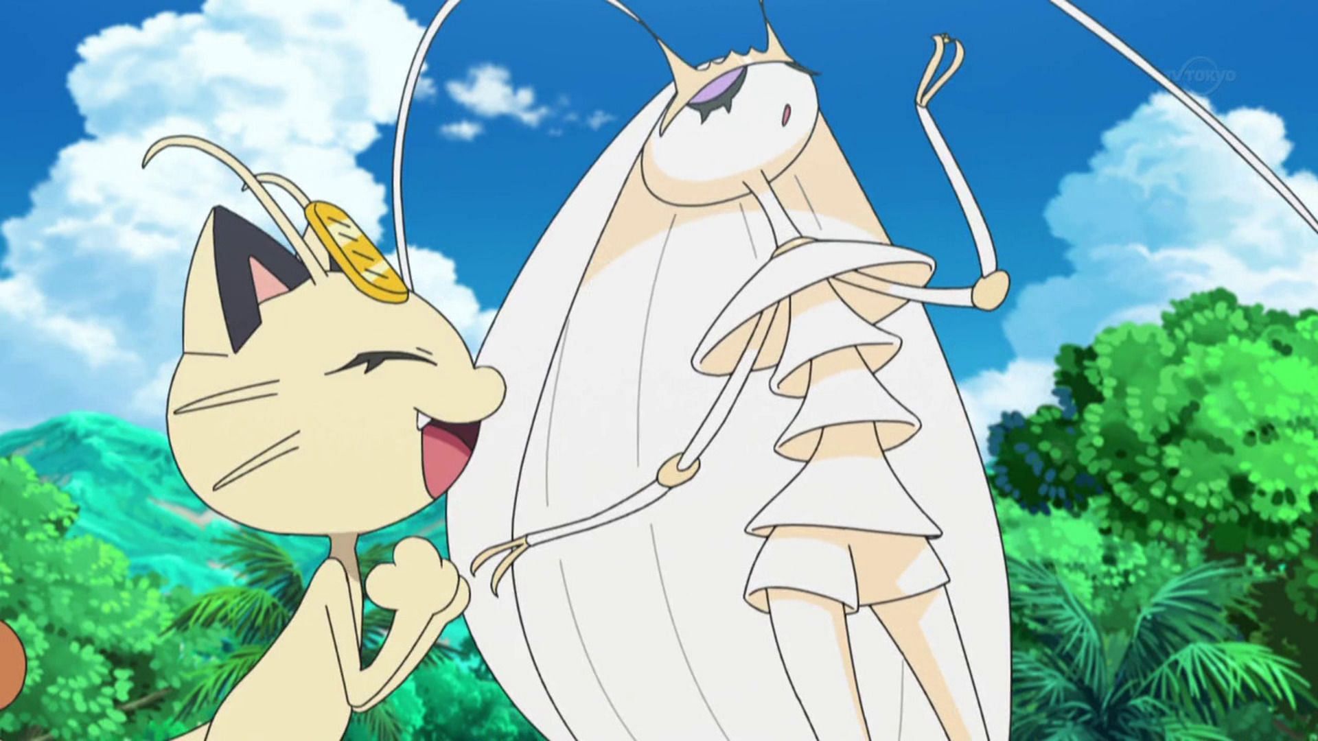 Pheromosa and Meowth, as seen in the animated series (Image via The Pokemon Company)