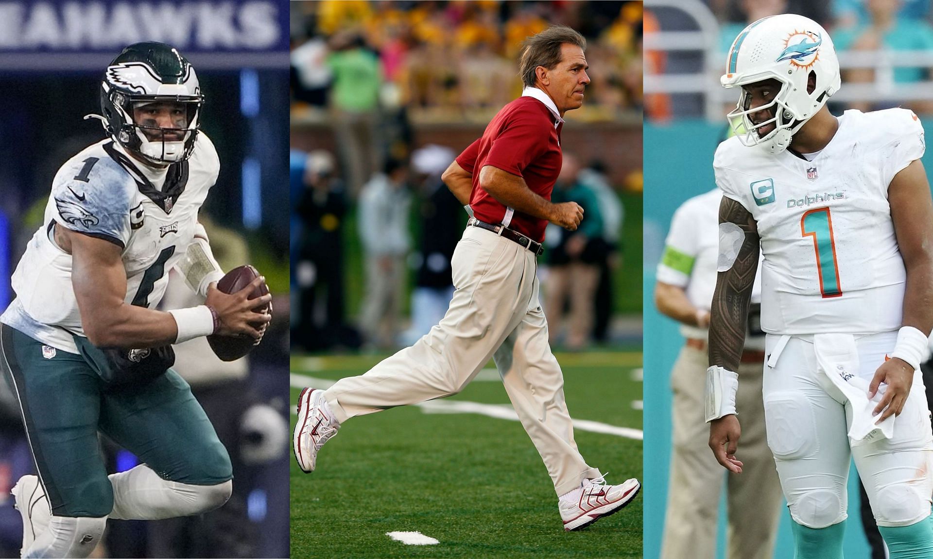 Jalen Hurts (left), Nick Saban (center), Tua Tagovailoa (right)