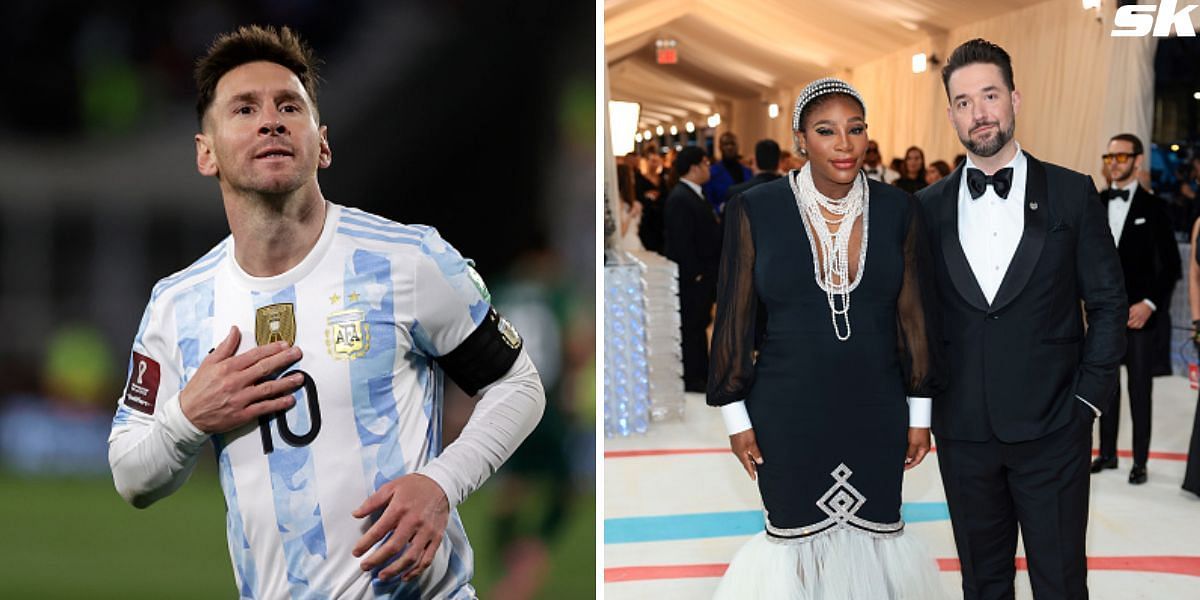 Lionel Messi (L) and Serena Williams with her husband Alexis Ohanian (R)