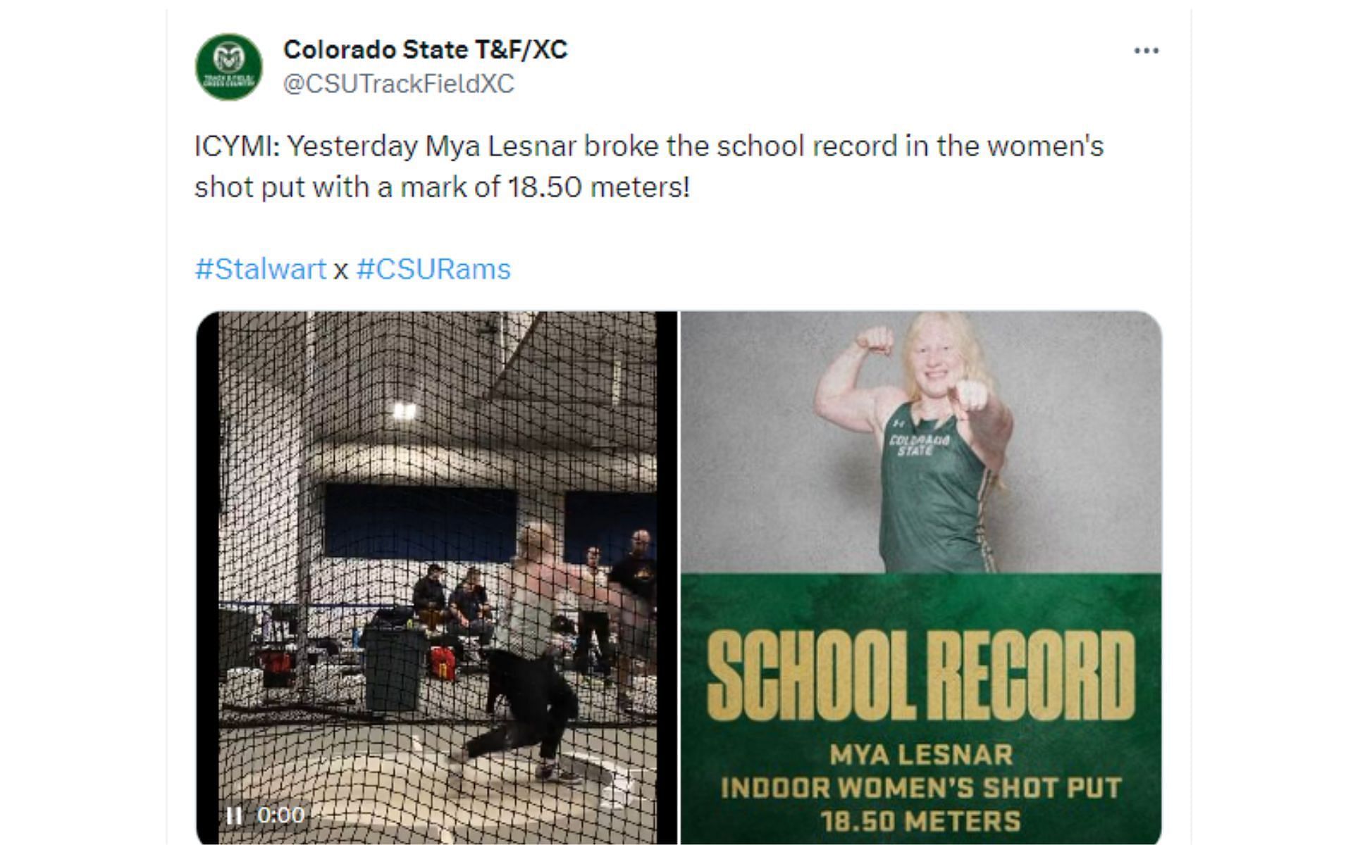 Tweet regarding the new school record for shot put