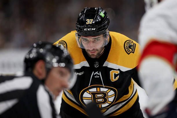 Patrice Bergeron of the Boston Bruins looks on against the Florida Panthers during the third period in Game Five of the First Round of the 2023...