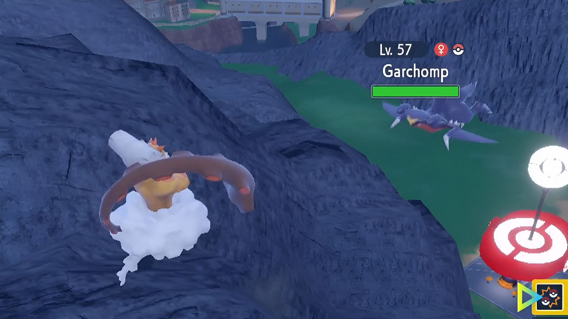 Landorus battles Garchomp in the sky in Pokemon Scarlet and Violet.