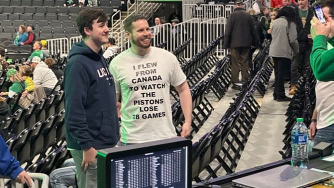 "Watch the Pistons lose": Youtuber makes cross-border trek with comical t-shirt to witness Detroit Pistons' 28-game losing streak