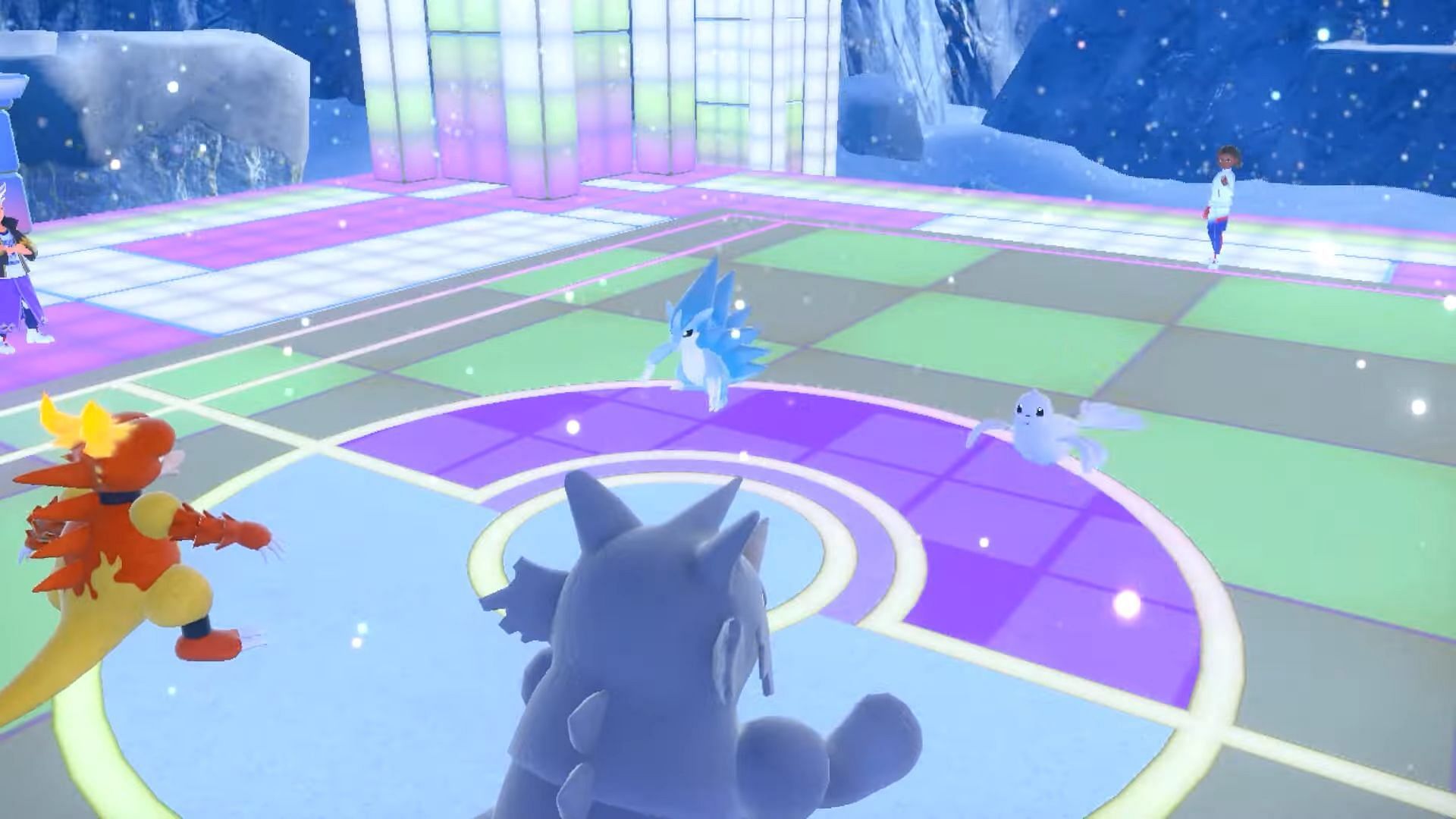 A trainer battles Winter in Pokemon Scarlet and Violet: The Indigo Disk. (Image via ConCon/YouTube)