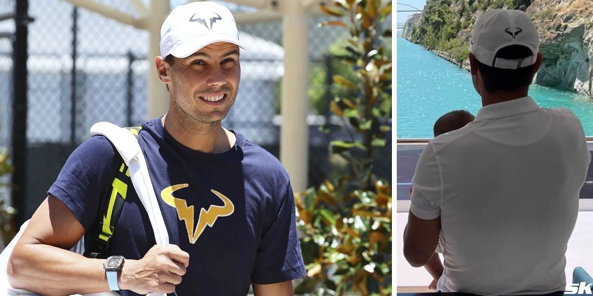 Rafael Nadal walks hand-in-hand with his baby boy during Brisbane practice session