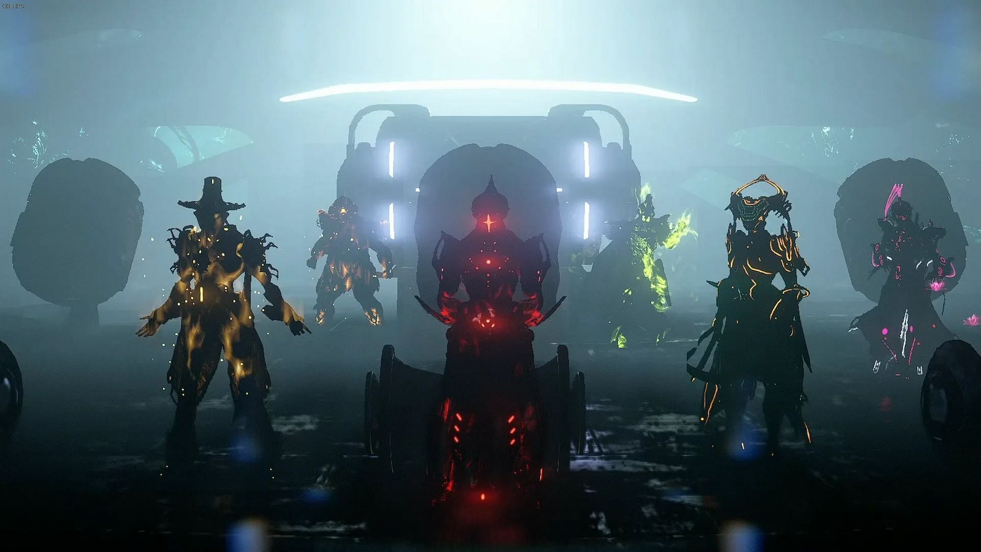 Warframe captura at the operator chamber of the Orbiter featuring Limbo, Grendel, Harrow, Volt, Trinity, and others
