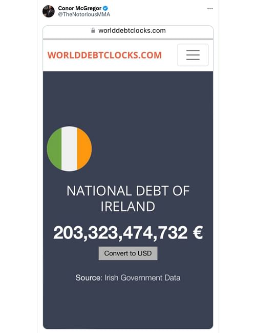 Conor McGregor tweeting Ireland's debt [via @thenotoriousmma on X]