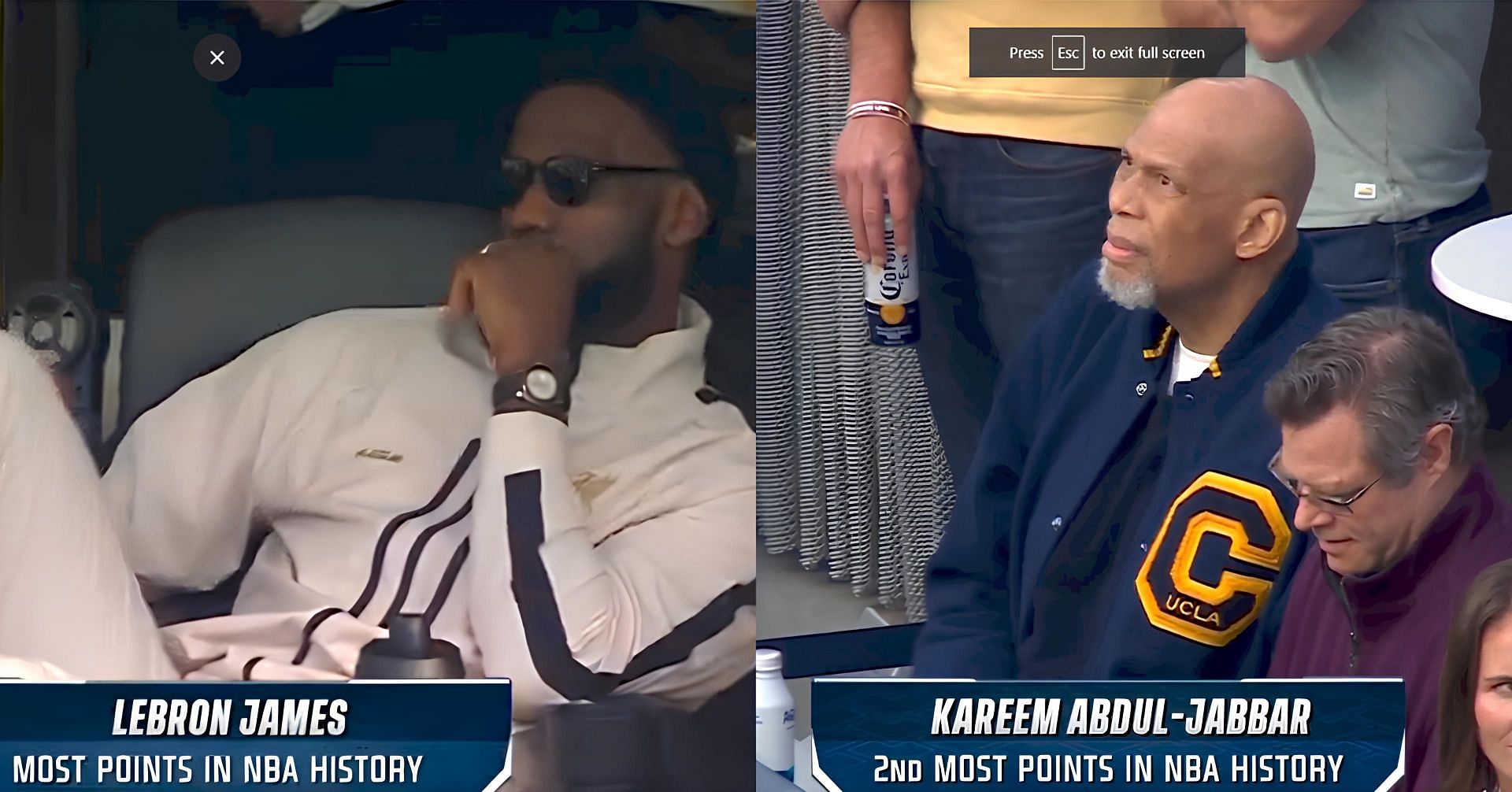 LA Lakers greats LeBron James and Kareem Abdul-Jabbar at the LA Rams-Cleveland Browns game on Sunday