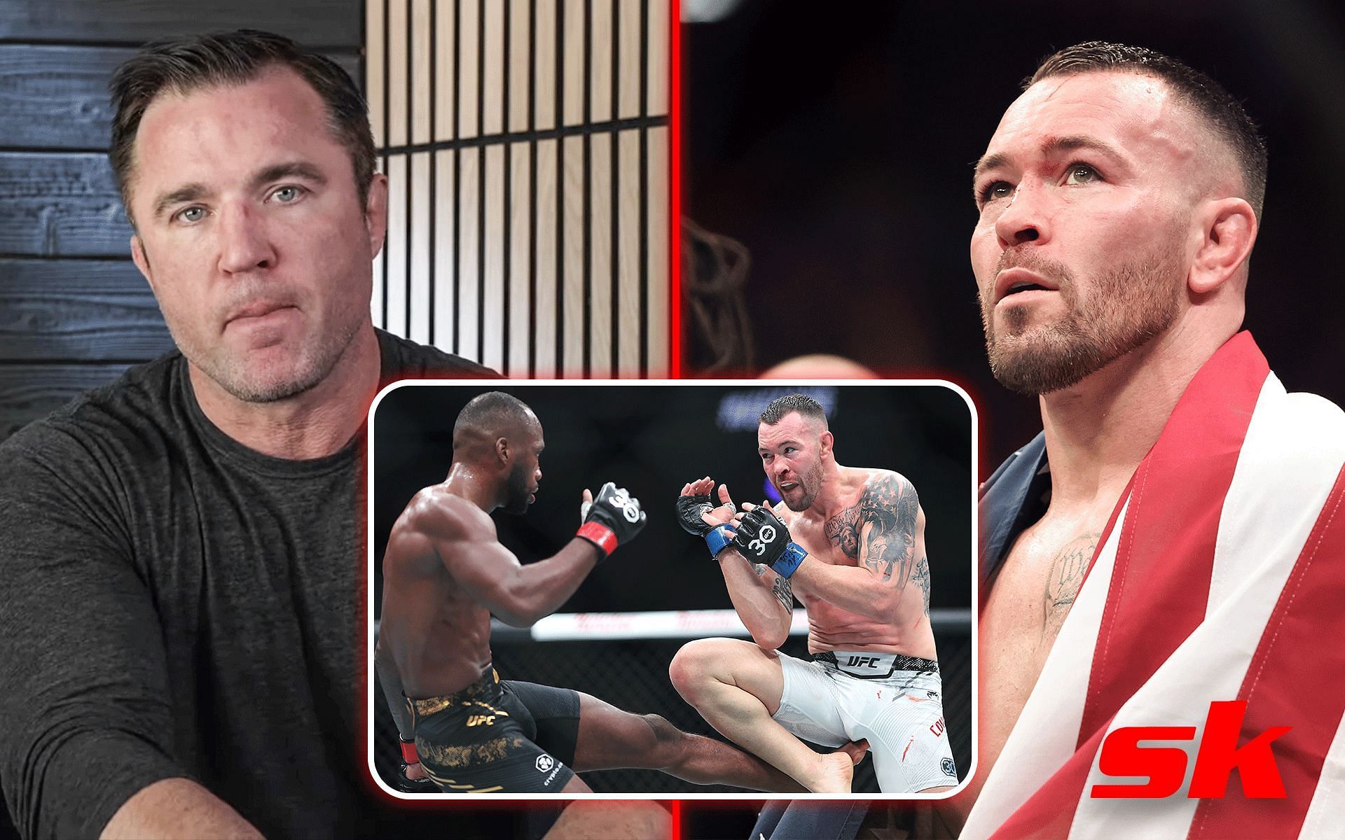 Chael Sonnen [left] on Colby Covington [right] vs. Leon Edwards [inset] [Image via Getty Images and @ChaelSonnen on YT]