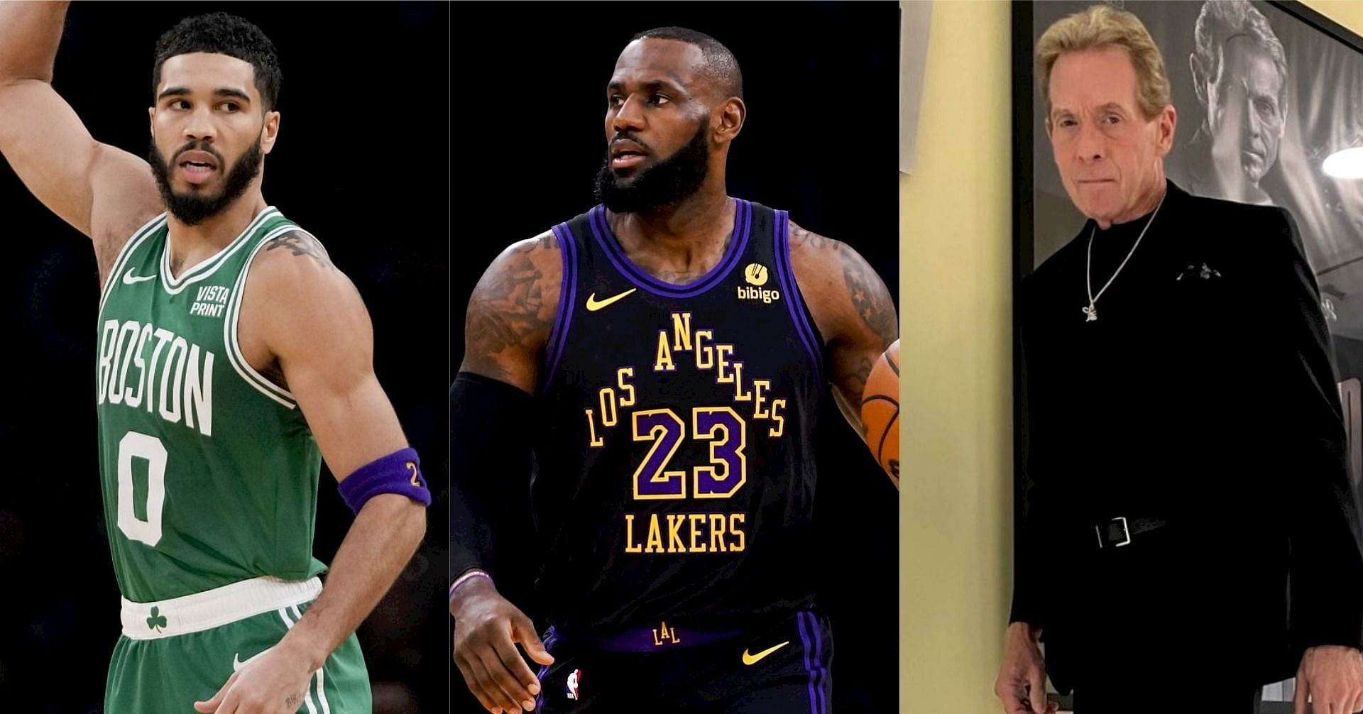 Boston Celtics superstar forward Jayson Tatum (left), LA Lakers superstar forward LeBron James (middle) and Fox Sports 1&rsquo;s Skip Bayless (right) (H/T @RealSkipBayless on X)