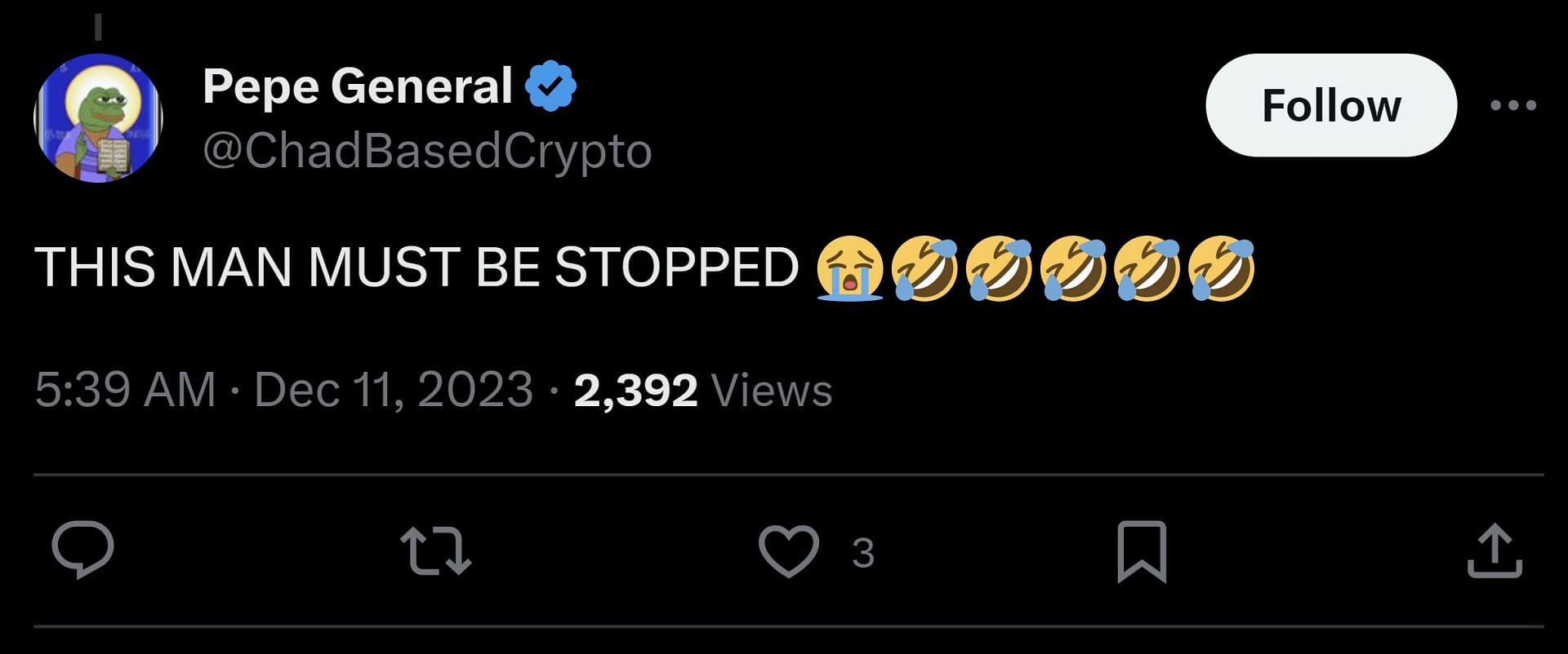 X user @ChadBasedCrypto&#039;s tweet, saying the YouTube streamer &quot;must be stopped&quot; (Image via Drama Alert/X)