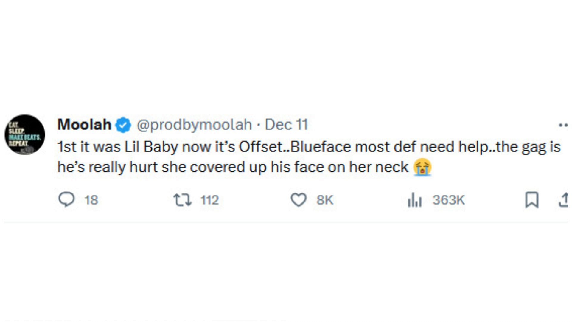 Netizens react as Blueface accused the Fans singer of cheating on Cardi B (Image via X / @prodbymoolah)