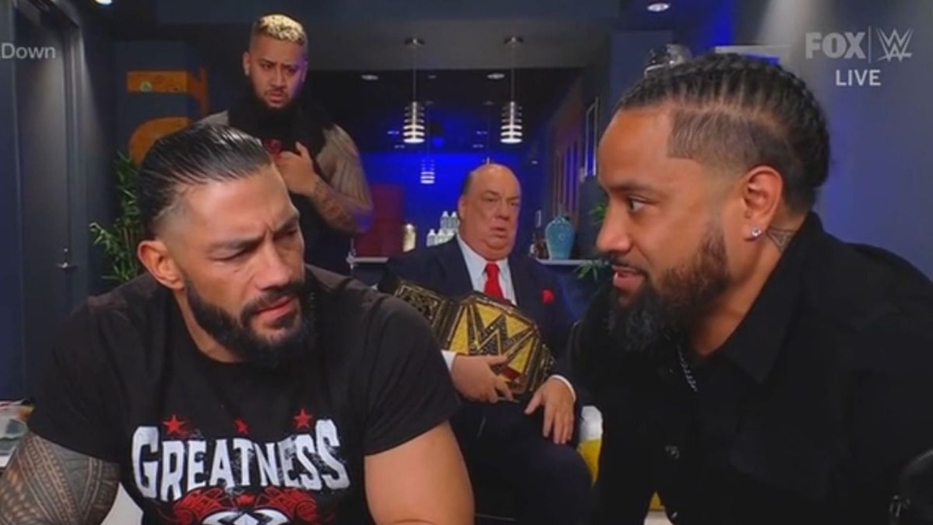 Roman Reigns, Jimmy Uso, Solo Sikoa and Paul Heyman are members of The Bloodline.