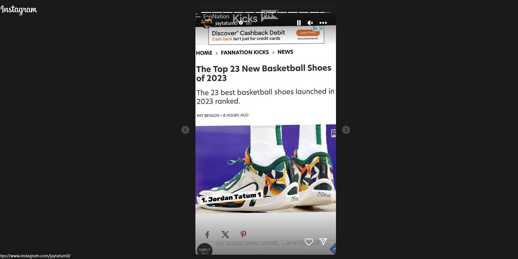 Jayson Tatum shared Pat Benson&#039;s top basketball shoe report on his Instagram story.
